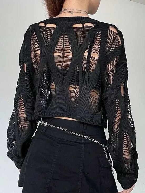 Black Distressed Knit Crop Sweater - Women - Picture 2 of 3